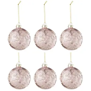 J-Line Boite De 6 Boule De Noel Motif Rose Paillettes Verre Rose Clair Small TU pas cher
