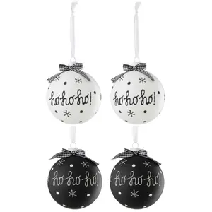 Comparateur de prix : J-Line Boite De 4 Boule De Noel 2+2 Hoho+Flocons+Noeud Verre Noir/Blanc Large TU