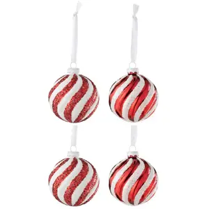 Comparateur de prix : J-Line Boite De 4 Boule De Noel 2+2 Lignes Verre Blanc/Rouge Small TU
