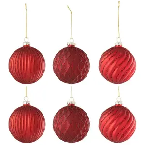 Comparateur de prix : J-Line Boite De 6 Boule De Noel 2+2+2 Stries/ Losanges Verre Rouge Small TU