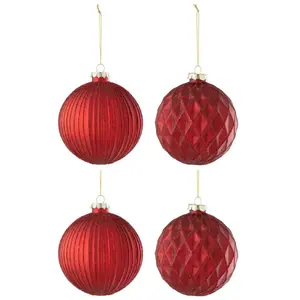 Comparateur de prix : J-Line Boite De 4 Boule De Noel 2+2 Stries/ Losanges Verre Rouge Large TU