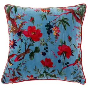 Comparateur de prix : J-Line coussin Oiseaux/Fleurs - velours/coton - bleu