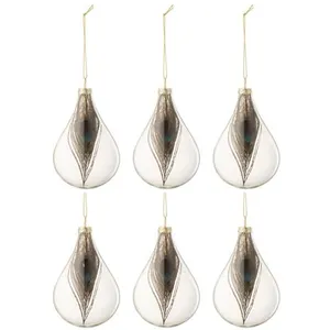 Comparateur de prix : J-Line Boite De 6 Boules De Noel Goutte Plumes De Paon Verre Transparent Small TU