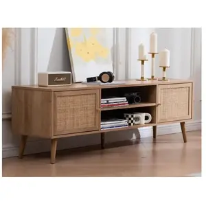 Acaza - Meuble tv-hifi vanille 2 portes chêne sonoma avec rotin pas cher