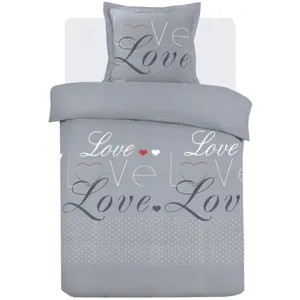 Vision parure housse de couette - - love - 140 x 200 cm - 1 taie assortie 65 x 65 cm - gris - 100% coton pas cher