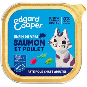 Comparateur de prix : Pâtée pour chat adulte bio saumon et poulet 85g Edgard Cooper