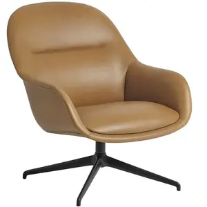 Fauteuil avec accoudoirs en cuir cognac et pied rotatif noir Fiber - M...