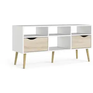Comparateur de prix : Tvilum Meuble TV - 4 niches 2 tiroirs - Blanc / Chene - 117,2 x 39,1 x 57,4 cm -