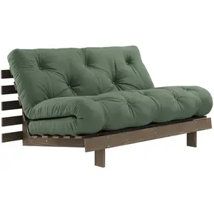 Canapé-lit en pin carob brown et tissu vert olive 140 x 200 cm Roots -... pas cher