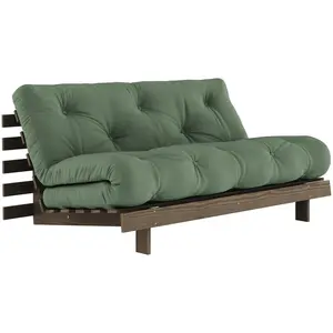 Canapé-lit en pin carob brown et tissu vert olive 160 x 200 cm Roots -... pas cher