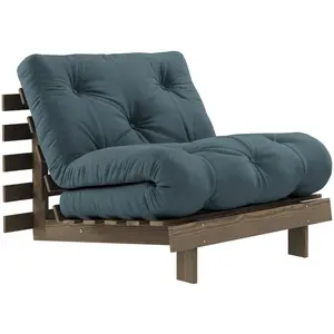 Canapé-lit en pin carob brown et tissu bleu pétrol 90 x 200 cm Roots -... pas cher