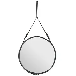 Miroir rond en cuir noir et laiton 70 cm Adnet - Gubi