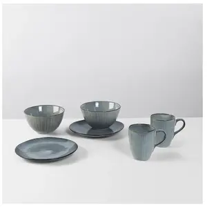 Service de vaisselle petit-déjeuner pour deux en grès émaillé bleu Nor...