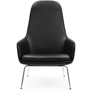 Fauteuil haut avec pieds en chrome et assise en cuir noir Era - Norman...