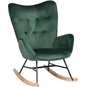 Urban Meuble Fauteuil à bascule Scandinave velours vert Pieds en bois clair pas cher