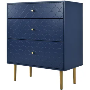 Urban Meuble Commode buffet 3 tiroirs bleu marine motif d'écailles pieds dorés pas cher