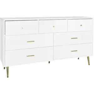 Urban Meuble Buffet commode blanc 7 tiroirs poignées et pieds dorées pas cher