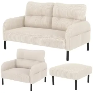 Ensemble canapé 3 pièces en tissu côtelé beige pas cher