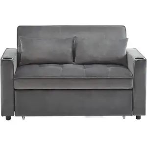 Canapé convertible 2 places en velours gris dossier inclinable pas cher