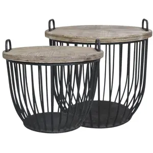 CHEMIN DE CAMPAGNE Set de 2 tables basses en bois de cyprès noir et marron Ø.57 x Ht.48cm pas cher