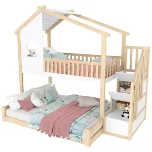 MERAX Lit superposé 140x200(90x200)cm coloris naturel+blanc pin pas cher