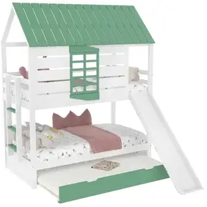 MERAX Lit superposé 140x200cm coloris blanc+vert pin et mdf lit enfant... pas cher
