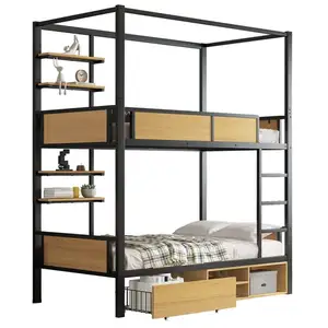 MERAX Lit superposé 90x200cm coloris noir+naturel métal et mdf lit enf... pas cher