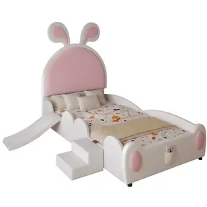 MERAX Lit simple rembourré 90x200cm coloris blanc+rose lit enfant bicolore pas cher