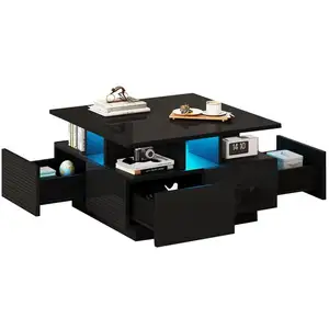MERAX Table basse carrée noir avec 4 tiroirs - 70x70 cm led panneau de... pas cher