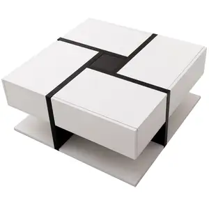 MERAX Table basse carrée blanc+noir avec 4 tiroirs - 78x78 cm panneau de particules table basse bicolore pas cher