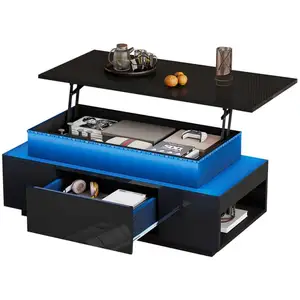 MERAX Table basse relevable rectangulaire noir - 45x96 cm led panneau de particules table basse noir pas cher