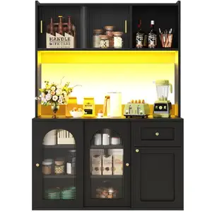 MERAX Buffet de cuisine 5 portes 1 tiroir - 120 cm noir led mdf et pan... pas cher
