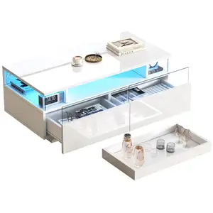 MERAX Table basse rectangulaire blanc avec 2 tiroirs - 45x90 cm led pa... pas cher