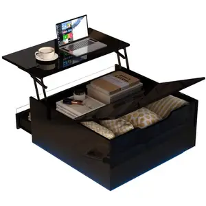 MERAX Table basse relevable carrée noir - 70x70 cm led panneau de particules table basse noir pas cher