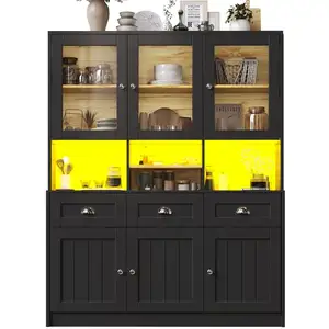 MERAX Buffet de cuisine 6 portes 3 tiroirs - 140 cm noir led mdf buffe... pas cher