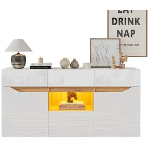 MERAX Buffet 2 porte(s) 4 tiroir(s) - 140 cm blanc led panneau de part... pas cher