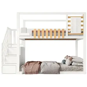 MERAX Lit superposé 90x200cm coloris blanc+naturel pin et mdf lit enfa... pas cher