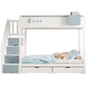 MERAX Lit superposé 90x200cm coloris bleu bois massif lit enfant bleu pas cher