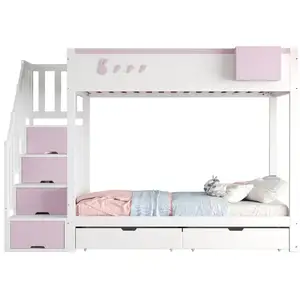 MERAX Lit superposé 90x200cm coloris rose bois massif lit enfant rose pas cher