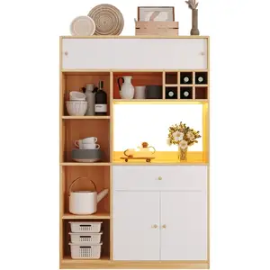 MERAX Buffet de cuisine 4 portes 1 tiroir - 115 cm naturel+blanc led p... pas cher