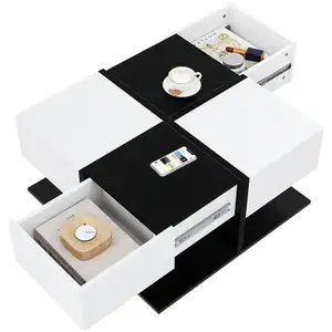 MERAX Table basse carrée noir+blanc avec 2 tiroirs - 70x70 cm panneau de particules table basse bicolore pas cher
