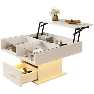 MERAX Table basse elevable carrée blanc - 78x78 cm led panneau de part... pas cher