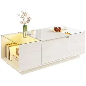 MERAX Table basse rectangulaire blanc avec 2 tiroirs - 50x105 cm led p... pas cher