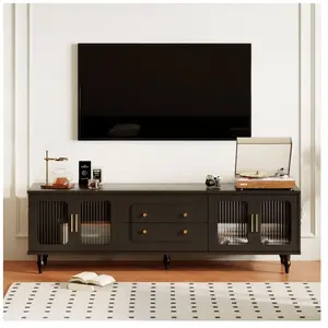 MODERNLUXE Meuble TV 175cm - poignées dorées - 4 portes + 2 tiroirs - avec portes en rotin et pieds en métal - noir