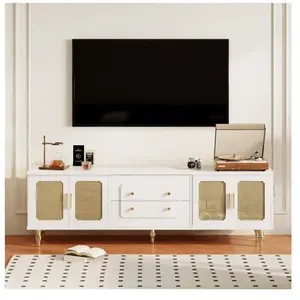 MODERNLUXE Meuble TV 175cm - poignées dorées - 4 portes + 2 tiroirs - avec portes en rotin et pieds en métal - blanc pas cher