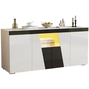 MERAX Buffet 4 porte(s) 0 tiroir(s) - 140 cm blanc+noir led panneau de... pas cher