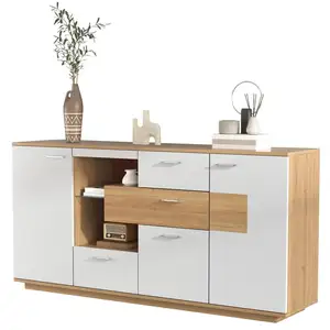 MERAX Buffet 2 porte(s) 4 tiroir(s) - 160 cm naturel+blanc led mdf buf... pas cher