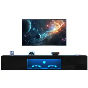 MERAX Meuble tv suspendu noir 160 cm led mdf meuble tv noir pas cher