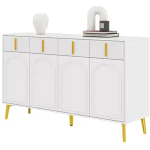 MERAX Buffet en mdf avec 4 portes,4 tiroirs,étagères réglables,poignées et pieds dorés,140x37,8x82cm,blan buffet blanc pas cher