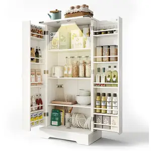 MERAX Buffet,armoire de cuisine en mdf avec lumière led,2 portes et étagères réglables,60x35x128,5cm, buffet blanc pas cher